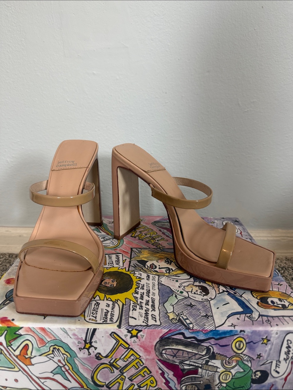 Jeffrey Campbell Beige Patent Square-Toe Block Heel Sandals